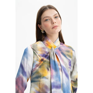 Ladies <b>Blue</b> Satin Patterned <b>Tunic</b> with Ruffle Detail Casual Long Bow Collar Top - Product Image 5
