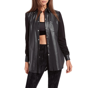 เสื้อยืดสตรีทสไตล์ไฮสตรีทเสื้อยืดออกแบบตามสั่งสีพื้นทำจากหนัง PU - Product Image 1