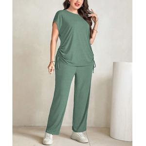 Haute qualité femmes automne solide bouton deux pièces ensemble demi manches T-shirt coupe ajustée 100% coton bas haut de BD - Product Image 6