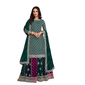 Dernier chino à fleurs lourdes avec broderie multicolore en coton fantaisie Dhaka Dupatta avec séquence de travail vêtements indiens pakistanais - Product Image 1