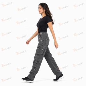 Women’s Vintage Denim Cargo <b>Pants</b> Wholesale Custom Washed Blue Cargo Jeans <b>High</b> <b>Waist</b> Baggy Wide Leg Streetwear Casual Fashion - Product Image 4