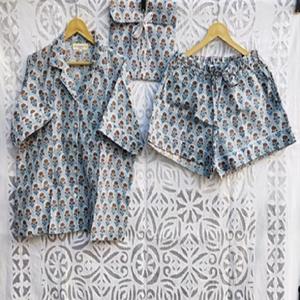 Conjunto de Pijama de Algodón con Estampado en Bloque al por Mayor, Camisa con Botones y Pantalones Cortos con Cintura Elástica, Ropa de Dormir Cómoda para Mujer - Product Image 1