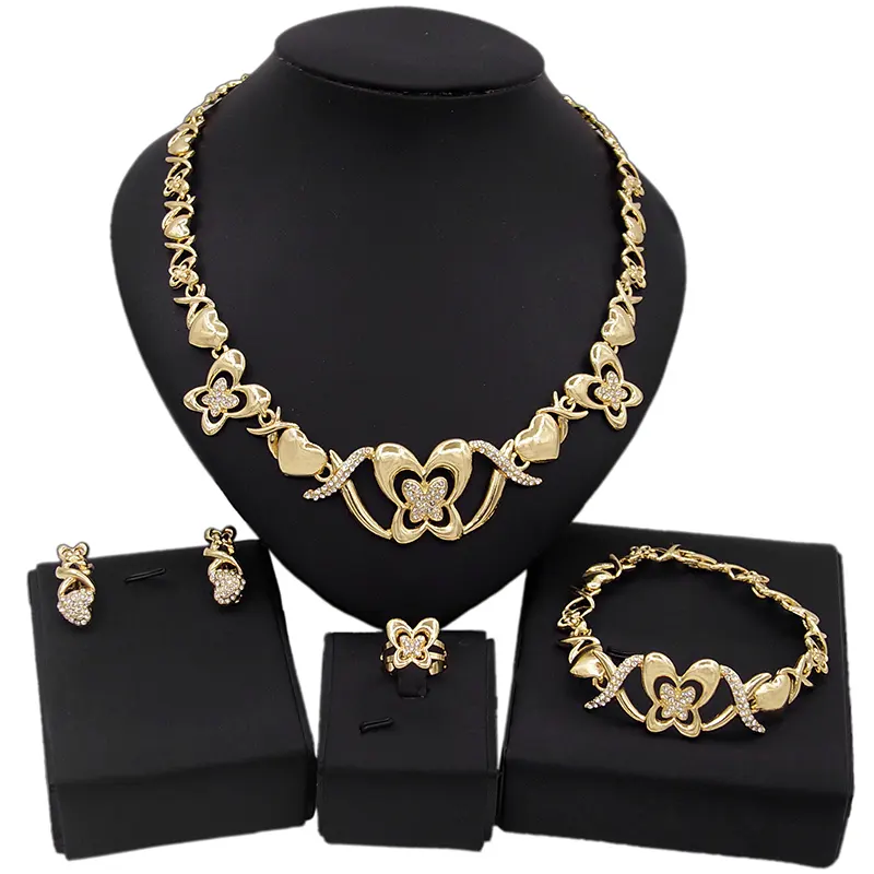 Zhuerrui Fashion Butterfly Necklace Bracelet Earrings Jewelry Set High Quality Rhinestone 18k Gold Plating Jewelry Sets X0047