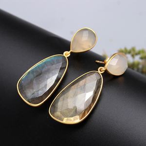 Plata de Ley 925 hecha a mano Natural labradorita orgánica piedra preciosa 18K chapado en oro Vintage antiguo minimalista pendientes para mujer - Product Image 5