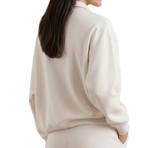<b>Women</b> Quarter Zip Sweatshirt Polo Collar Pullover <b>Fleece</b> Top Heavyweight Streetwear Blank Gym Training Jumper <b>Cream</b> White - Product Image 2