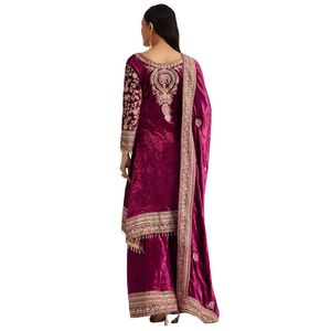 Traje Palazzo bordado de terciopelo rosa magenta, venta al por mayor, Ropa Étnica para mujer, proveedor de fábrica de ropa OEM, fiesta de boda personalizada - Product Image 5