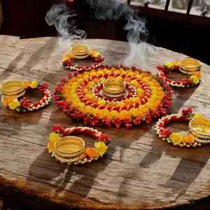 ดอกไม้ rangoli ที่ทำด้วยมือสำหรับตกแต่งโต๊ะวางเทียนที่วางเทียนทีไลท์ Pooja ตกแต่งทางเข้าดอกไม้เสื่อดอกไม้ navratri Diwali kolam - Product Image 1