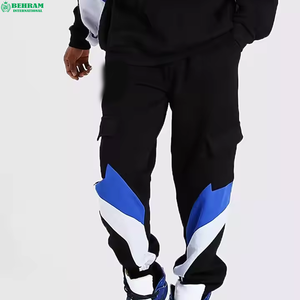 Ensemble de survêtement pour homme, pull à capuche noir, bleu et blanc, manches longues, coupe ample, style streetwear, avec poches latérales et cordon de serrage - Product Image 2