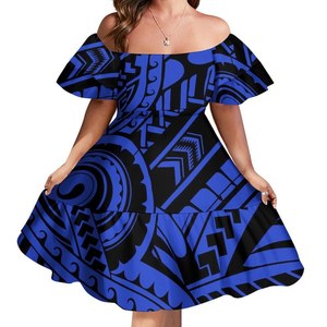 Robe courte de style rétro à motif tribal polynésien, design samoan de luxe, robe à manches bouffantes anti-rides, très vendue pour les soirées - Product Image 2