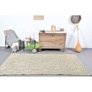 Tapis en laine bleu beige classique 4.4x7.5 pieds fait à la main rectangle de patchwork turc avec support en latex pour salon ou chambre à coucher - Product Image 1