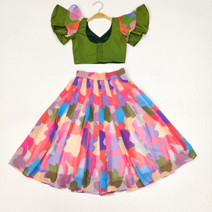 Vestido Étnico Shoryam para Niñas, Estilo Palak Verde, Estampado Camuflaje, Lehenga Completamente Cosido, Largo hasta el Suelo, para Fiestas y Bodas - Product Image 2