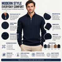 Pull à col zippé pour homme FNJIA, bleu marine, tricot texturé, décontracté, pour le bureau, automne, fournisseur en gros de vêtements en tricot personnalisés OEM, Europe