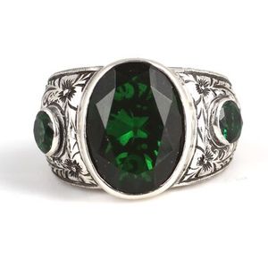 Handcrafted 925 Sterling <b>Silver</b> Men's <b>Ring</b> with Green <b>Emerald</b> Stone & Bezel-Set Engraved Design - Product Image 4
