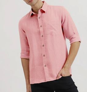 Chemise décontractée d'été pour homme en lin rose clair à imprimé unique, manches longues, col rabattu, bouton unique, séchage rapide, durable et unie - Product Image 1