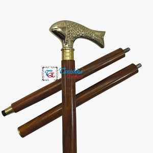 Ajustable chapado en oro de latón pulido cabeza de pez mango marrón de madera moderno bastón para hombres mujeres precio al por mayor ancianos - Product Image 3
