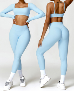 Conjunto de dos piezas de ropa de yoga personalizada al por mayor, sujetador de yoga deportivo para correr de secado rápido, mallas, ropa de Yoga de manga larga - Product Image 1