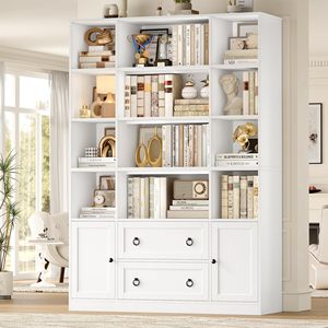 Estantería Grande Blanca de Madera con Armario de Almacenamiento y Cajones, Librería con Estantes Abiertos para el Hogar, Oficina o Sala de Estar - Product Image 3