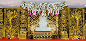 Grand Traditional Indian Wedding Stage <b>Decor</b> With Elephants <b>Mehndi</b> Stage Panels Walima Stage Backdrop Customized Golden Setup UK - Product Image 2