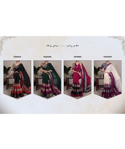 Colección de Saris de Algodón y Poliéster con Estampado Tradicional Indio, con Trabajo de Tejido Zari, para Bodas y Festivales - Product Image 1