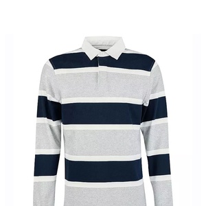 เสื้อโปโลรักบี้แขนยาวลายทางถักคุณภาพสูงสำหรับผู้ชาย คอปกพับได้ สีกรมท่า เทา ขาว สไตล์ลำลอง สำหรับฤดูใบไม้ผลิ - Product Image 5