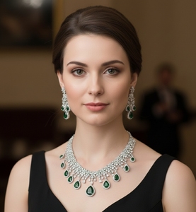 Luxurious emerald royale teardrop necklace & earrings <b>set</b> made of premium emerald <b>green</b> teardrop cut stones - Product Image 2