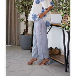 Pantalon large à rayures imprimées à la main, taille mi-haute élastique, respirant, en tissu Oxford, décontracté - Product Image 1
