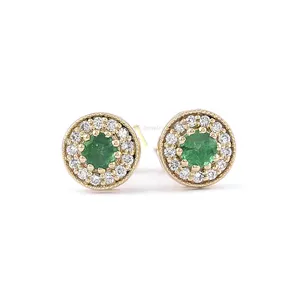 Original Design India Ethice 14k Solid Gold Earrings Round Natural Emerald with Diamond Earrings Gold Prong Stud Earrings Women