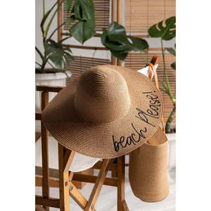 Beach Please Embroidered Camel Straw <b>Hat</b> Hsr2029 - Camel - Product Image 3
