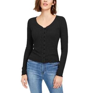 Camicia in maglia con scollo a V e bottoni sul davanti, semplice e ricamata, per ragazze Crave Fame - Nera - XL - Pronta per l'ufficio - Product Image 1