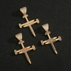 Pendentif Croix Clou en Laiton Plaqué Or 14K, Sertie de Zircone Cubique, Bijoux Hip Hop Religieux pour Collier - Product Image 3