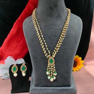 Uncut Glass Kundan And Pearls <b>Long</b> <b>Necklace</b> Set Layered Style Anti Tarnish And Skin Friendly Ideal For Both Casual & Formal Wear - Product Image 1