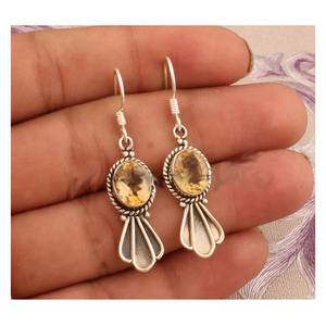 Pendientes de aro de plata antigua de diseñador hechos a mano sólidos de piedras preciosas ovaladas de citrino Natural de Plata de Ley 925 para boda - Product Image 1