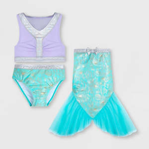 Costume da bagno intero stampato 3 pezzi per bambine Disney La Sirenetta, colore lavanda e turchese, taglia 7-8, per nuoto - Product Image 1