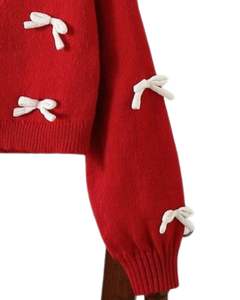 Manufacturer Custom <b>Women</b> <b>Red</b> Cropped Knit <b>Cardigan</b> Sweater With White Bow Applique V Neck Button Front Cute Winter Fashion Top - Product Image 5