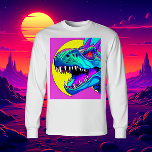 Camiseta promocional de manga larga con estampado de T-Rex superando al sol, con diseño de IA de aprendizaje profundo - Product Image 3