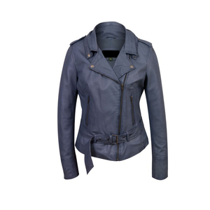 Veste moto en cuir véritable pour femme, manches longues, col rabattable, fermeture éclair, style automne - Product Image 5