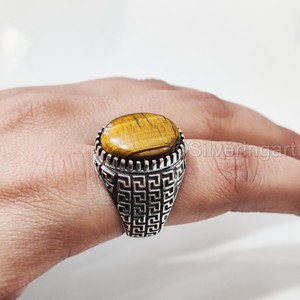 Grossiste Bague pour homme Bague de naissance de juin en oeil de tigre naturel Toutes tailles Bijoux de Noël arabe Bague en argent sterling 925 - Product Image 4