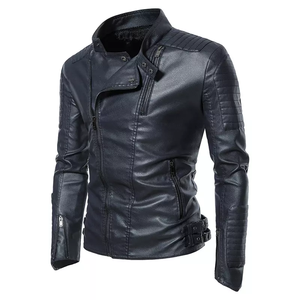 Veste en cuir PU ajustée de haute qualité pour homme, col montant, tissu toile, noire, pour moto, vêtement d'extérieur pour l'hiver, veste haute pour homme - Product Image 2
