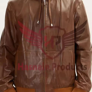 Mens Real Brown Leather Hooded <b>Jacket</b> Drawstring Hood Zip Pockets <b>Sheepskin</b> Cognac Bomber Coat Custom Casual Winter Outerwear - Product Image 5