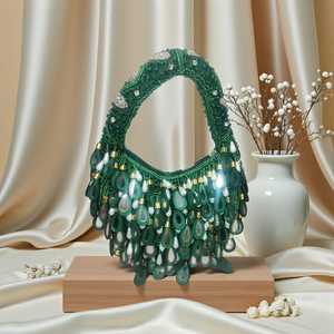 Beaded <b>Clutch</b> Evening Bag with Mirror Work Fringe Handmade Elegant Party Purse Cross-Body Strap Satin Lining Light Weight - Product Image 3