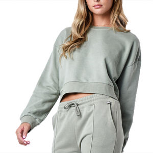 Conjunto de sudaderas y pantalones de chándal personalizados Conjunto de dos piezas de chándal de mujer 100% algodón Boxy Crop Blank Pullover Hoodie Baggy Jogger Set - Product Image 3