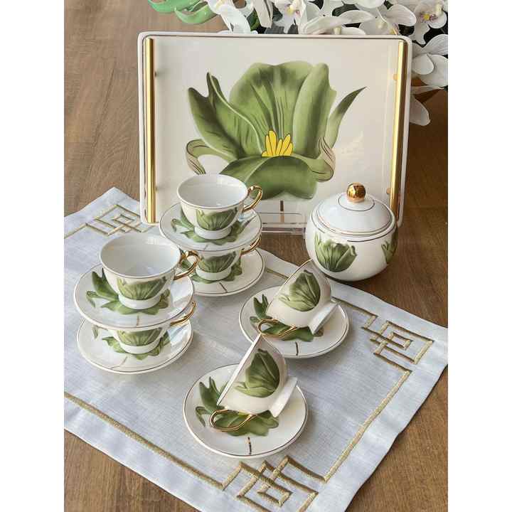 Turkish Coffee Cup Green Flower 15 Pieces for 6 People