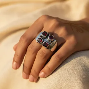 Vintage 925 <b>Silver</b> Cluster Ring With Garnet Stones Geometric Bezel Setting Unisex Everyday Wear Fine Jewelry - Product Image 1