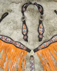 Conjunto de arreos ecuestres occidentales de cuero genuino, de alta tendencia, con cierre de hebilla, ajuste regular, personalizable, con incrustaciones de Halloween, cabezada y pechopetral - Product Image 5