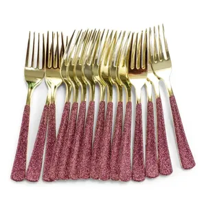 <b>Gold</b> Head <b>Cutlery</b> <b>Set</b> with Pink Glitter Handle Luxury Stainless Steel Flatware <b>Set</b> for Dining Weddings Parties and Home Use - Product Image 1