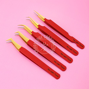 Pinzas profesionales para extensión de pestañas, empuñadura de diamante 45 90 grados, punta de fibra roja mate probada a mano, nunca se desliza - Product Image 6