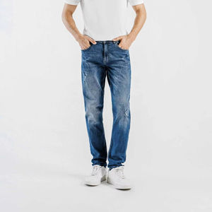 Jean en denim bleu moyen pour homme, coupe slim, vintage, séchage rapide, délavé, confortable, tendance, décontracté, jambe droite, élégant - Product Image 4