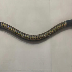 Bandeau de sourcils de cheval en cuir noir avec 3 rangées de cristaux de verre dorés argentés, strass bling-bling, vente en gros - Product Image 3