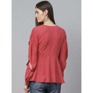 เสื้อลายจุดผ้าเรยอนสำหรับผู้หญิง, เสื้อพิมพ์ลายจุดสีแดงสำหรับใส่ได้พอดีกับ1291YKRED-S - Product Image 3