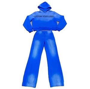 Customized Streetwear Tracksuit OEM Cropped Acid Wash Distressed Rhinestone Sweatpants And Hoodie Set Joggers Zipper Hoodie Set - Product Image 5